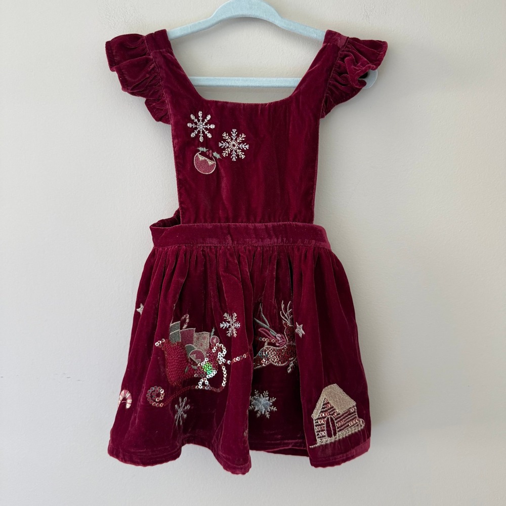 Monsoon Baby Girl Burgundy Velvet Christmas Reindeer Pinafore Dress 6-12 Months‎